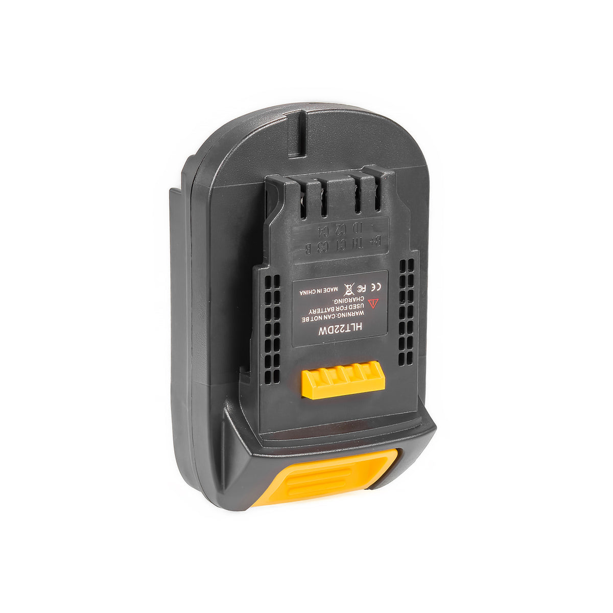 Hilti 22V to DeWalt 20V MAX battery adapter - DeWalt tool-side connection with terminal slots, vents and the warning label