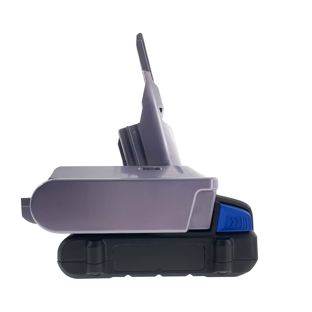 Kobalt 24V to Dyson V8 battery adapter - side view, Dyson tool-side post upward, seated on a battery pack