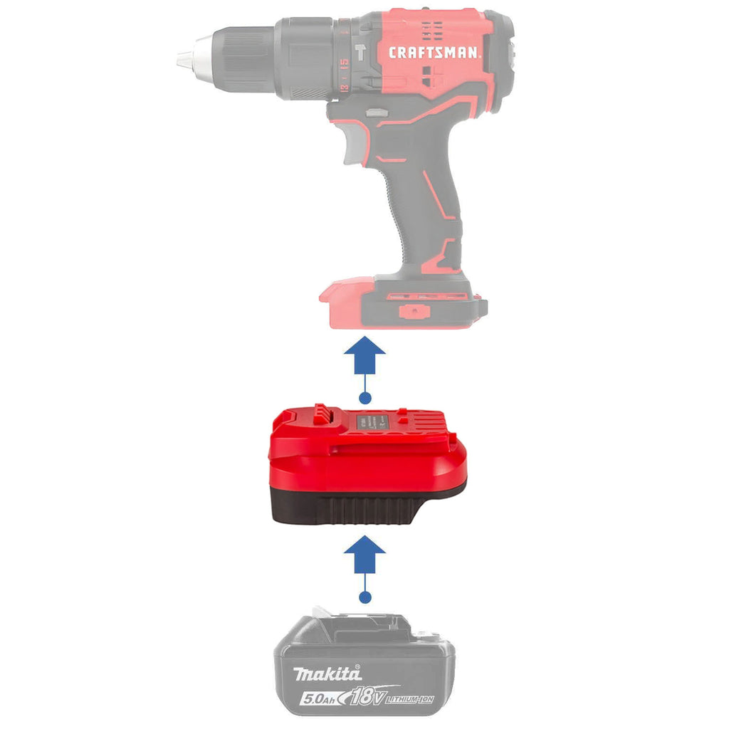 Makita 18V LXT to Craftsman 20V battery adapter - compatibility diagram showing battery, adapter and drill driver