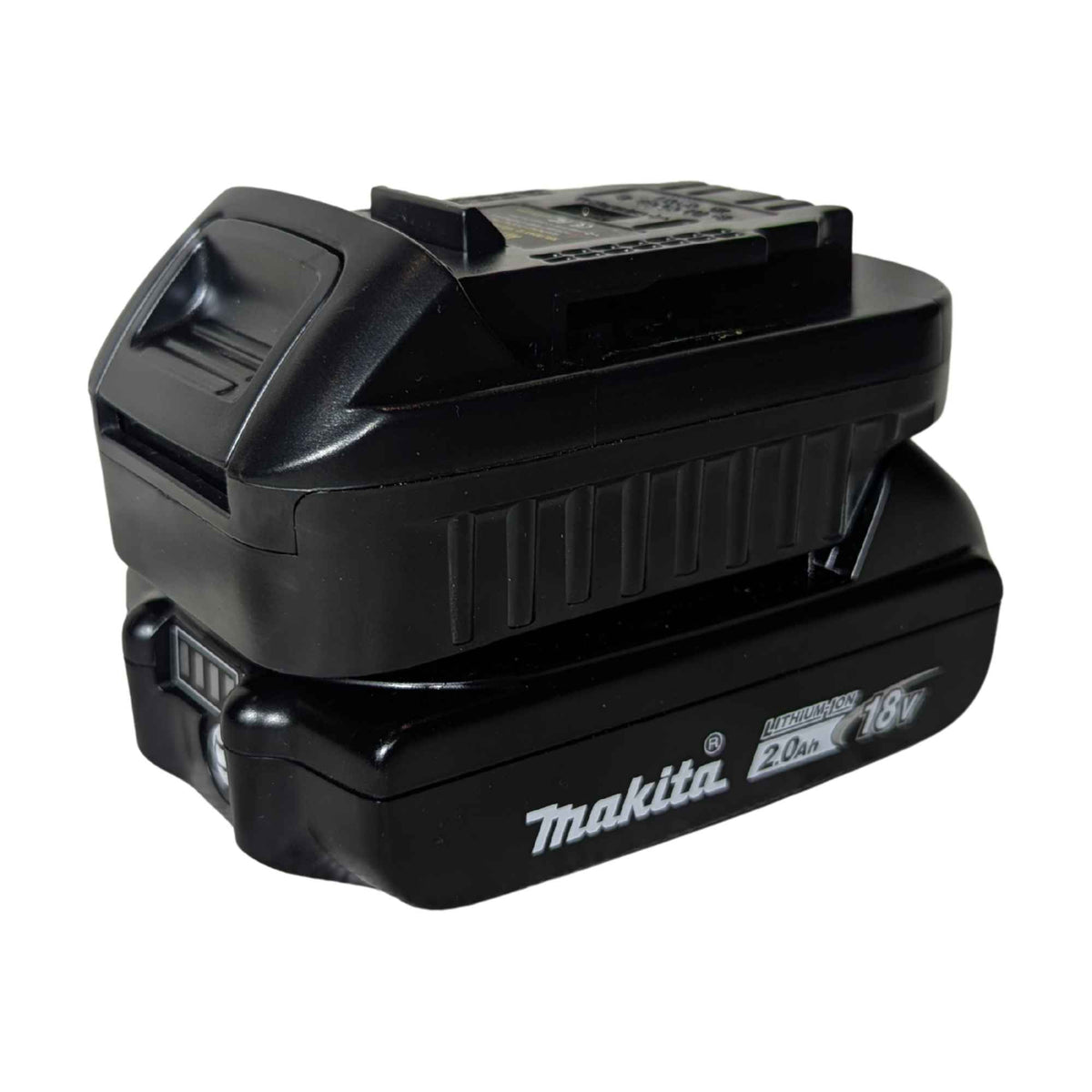 Makita 18V LXT to DeWalt 20V MAX battery adapter - fitted to the Makita 18V LXT battery, DeWalt-side rail facing up