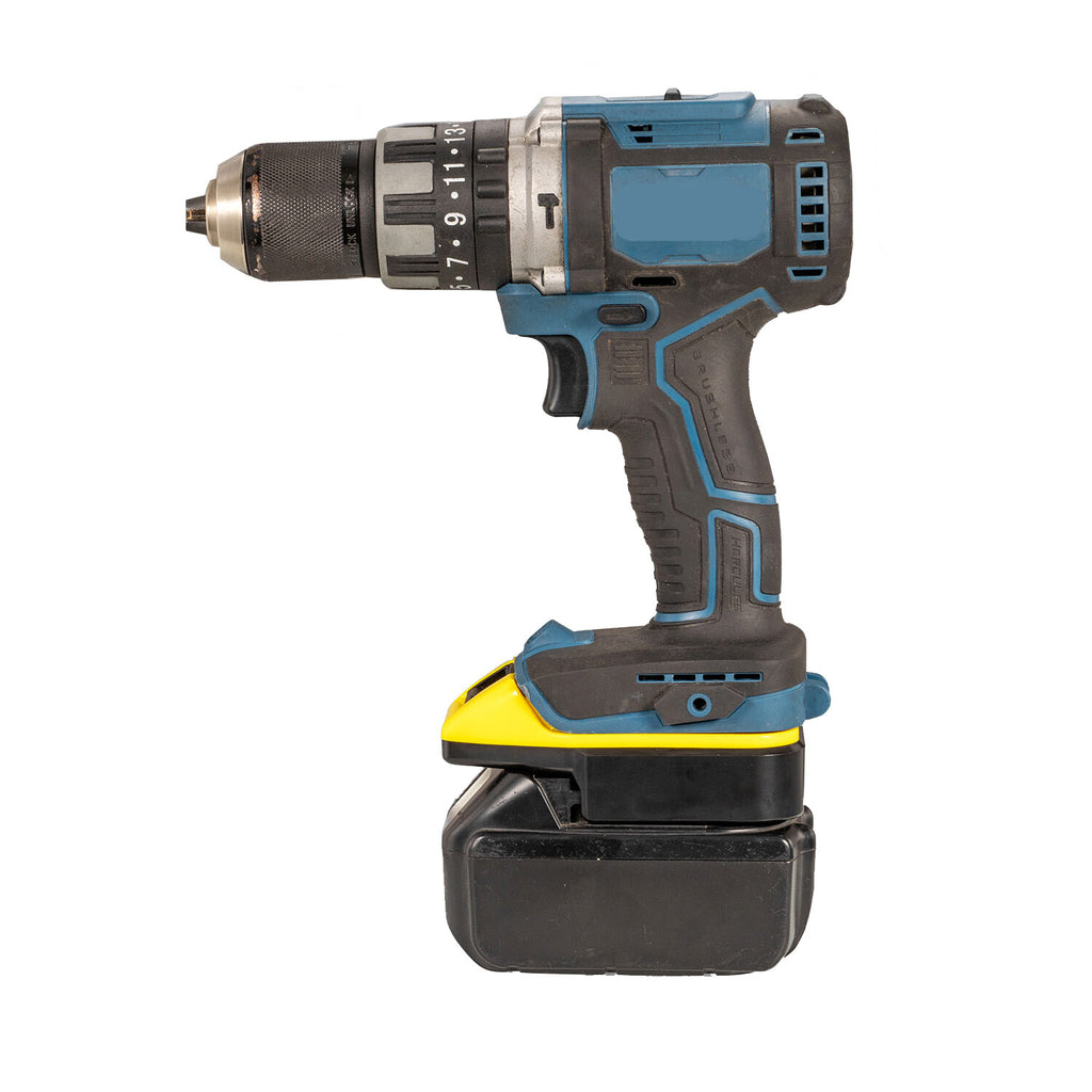 Makita 18V LXT to Hercules 20V battery adapter - installed on a hammer drill, seated on a battery pack