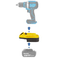 Makita 18V LXT to Hercules 20V battery adapter - compatibility diagram showing battery, adapter and hammer drill
