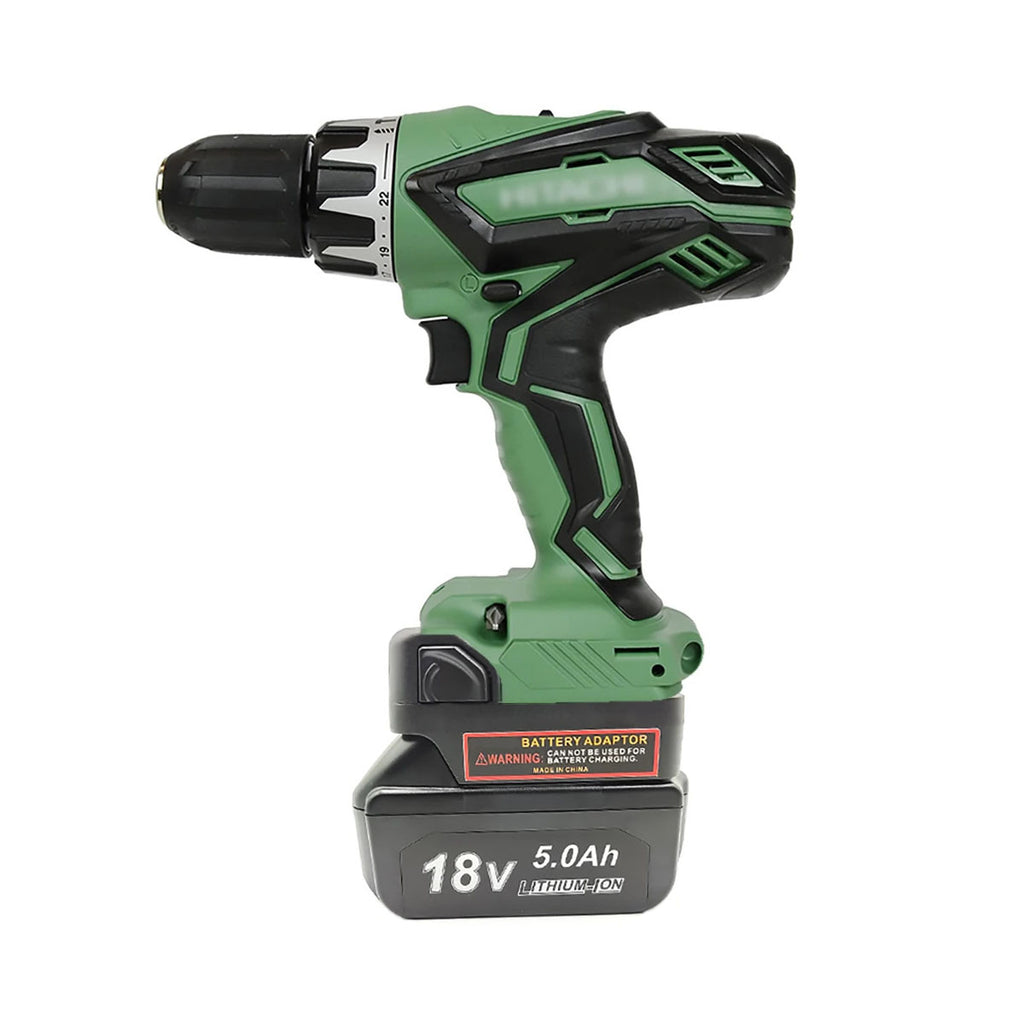 Makita 18V LXT to Metabo HPT 18V battery adapter - installed on a Hitachi drill with the battery and adaptor label in view