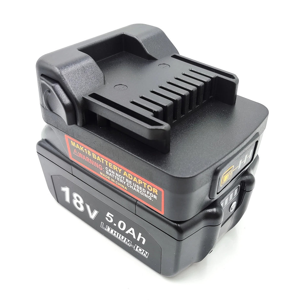 Makita 18V LXT to Metabo HPT 18V battery adapter - fitted to the Makita 18V LXT battery, warning label and fuel gauge in view