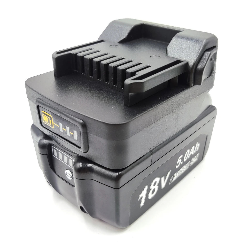 Makita 18V LXT to Metabo HPT 18V battery adapter - fitted to the Makita 18V LXT battery, charge indicator label in view