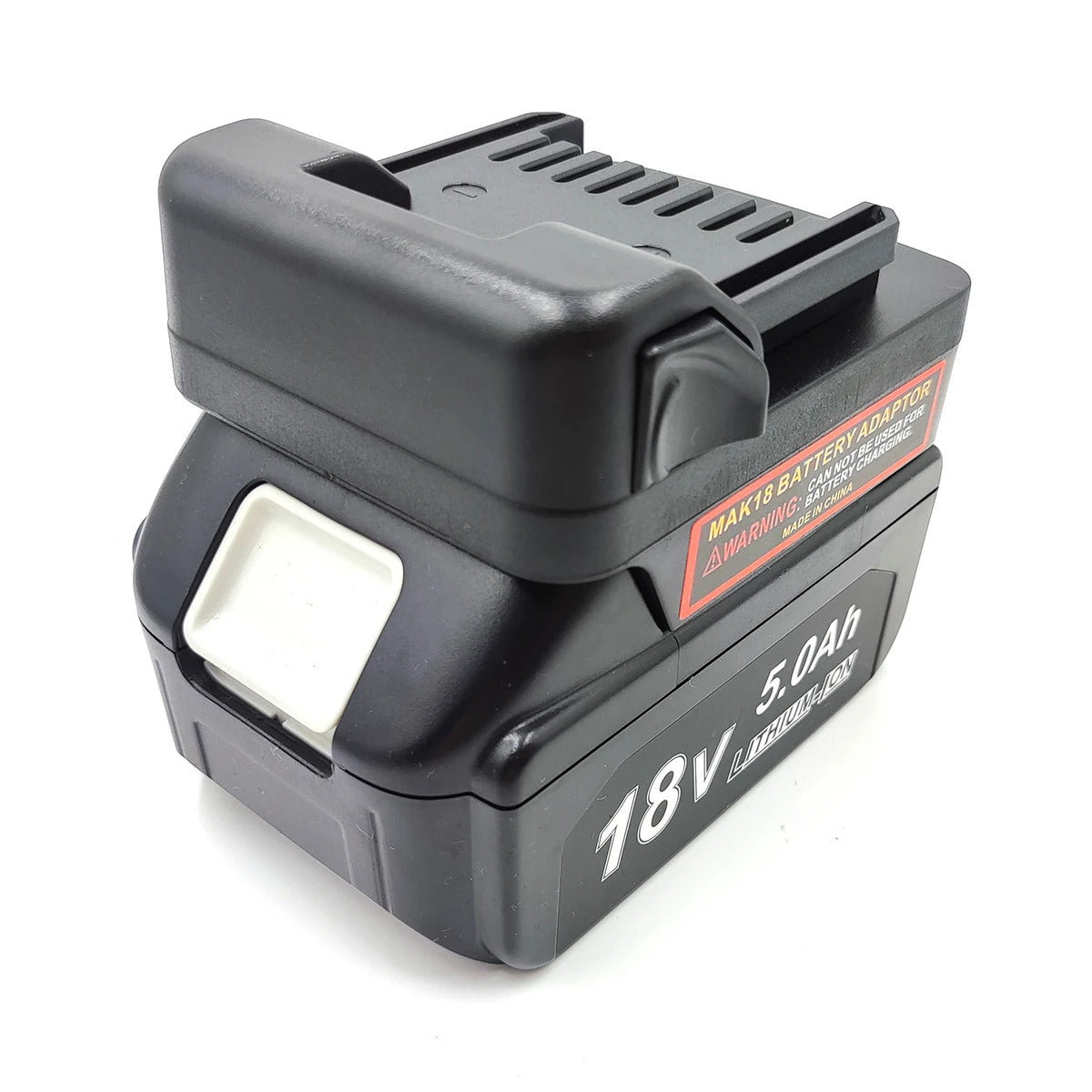 Makita 18V LXT to Metabo HPT 18V battery adapter - fitted to the Makita 18V LXT battery, warning label from the opposite side