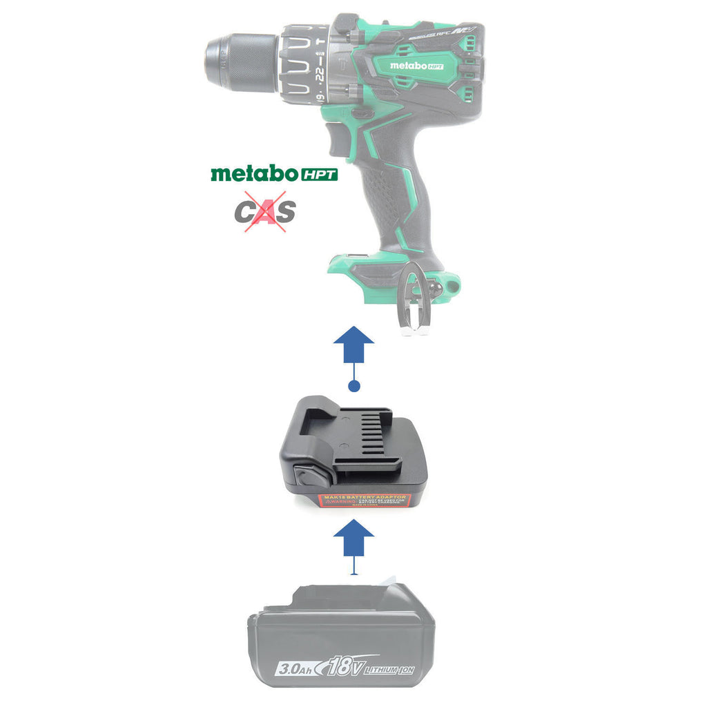Makita 18V LXT to Metabo HPT 18V battery adapter - compatibility diagram showing battery, adapter and hammer drill