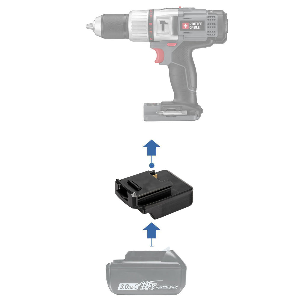 Makita 18V LXT to Porter Cable 18V Ni-Cd battery adapter - compatibility diagram showing battery, adapter and cordless drill