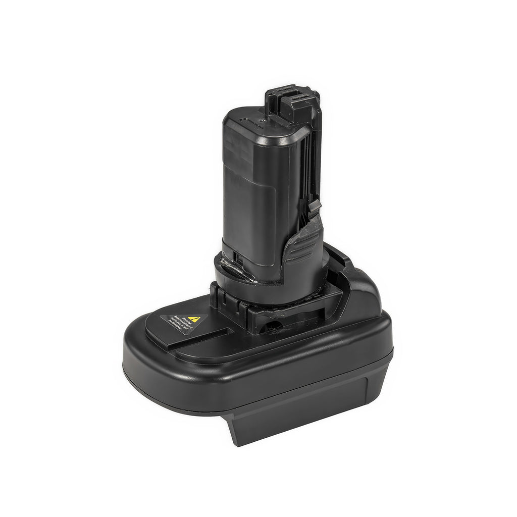 Milwaukee M18 to Bosch 12V battery adapter - tool-side stem upright on the body, three-quarter view