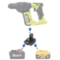 Milwaukee M18 to Ryobi 18V ONE+ battery adapter - compatibility diagram showing battery, adapter and rotary hammer
