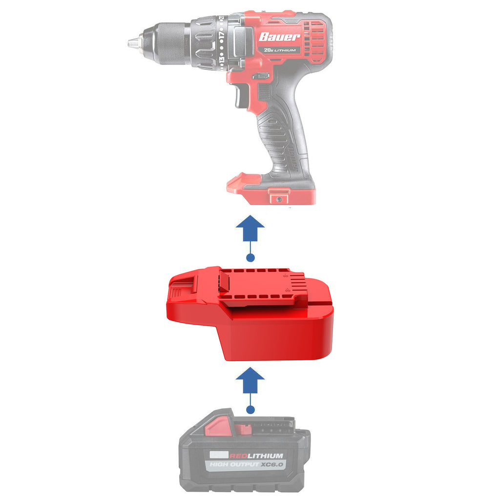 Milwaukee M18 to Bauer 20V battery adapter - compatibility diagram showing battery, adapter and drill