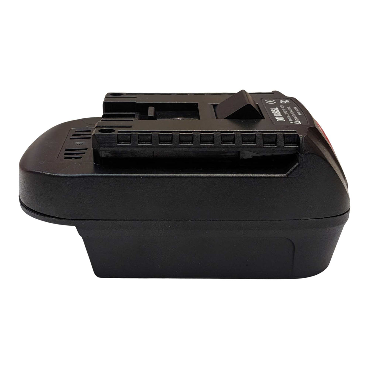 Milwaukee M18 to Bosch 18V GBA (Blue) battery adapter - side view of the tool-side rails and terminal slots