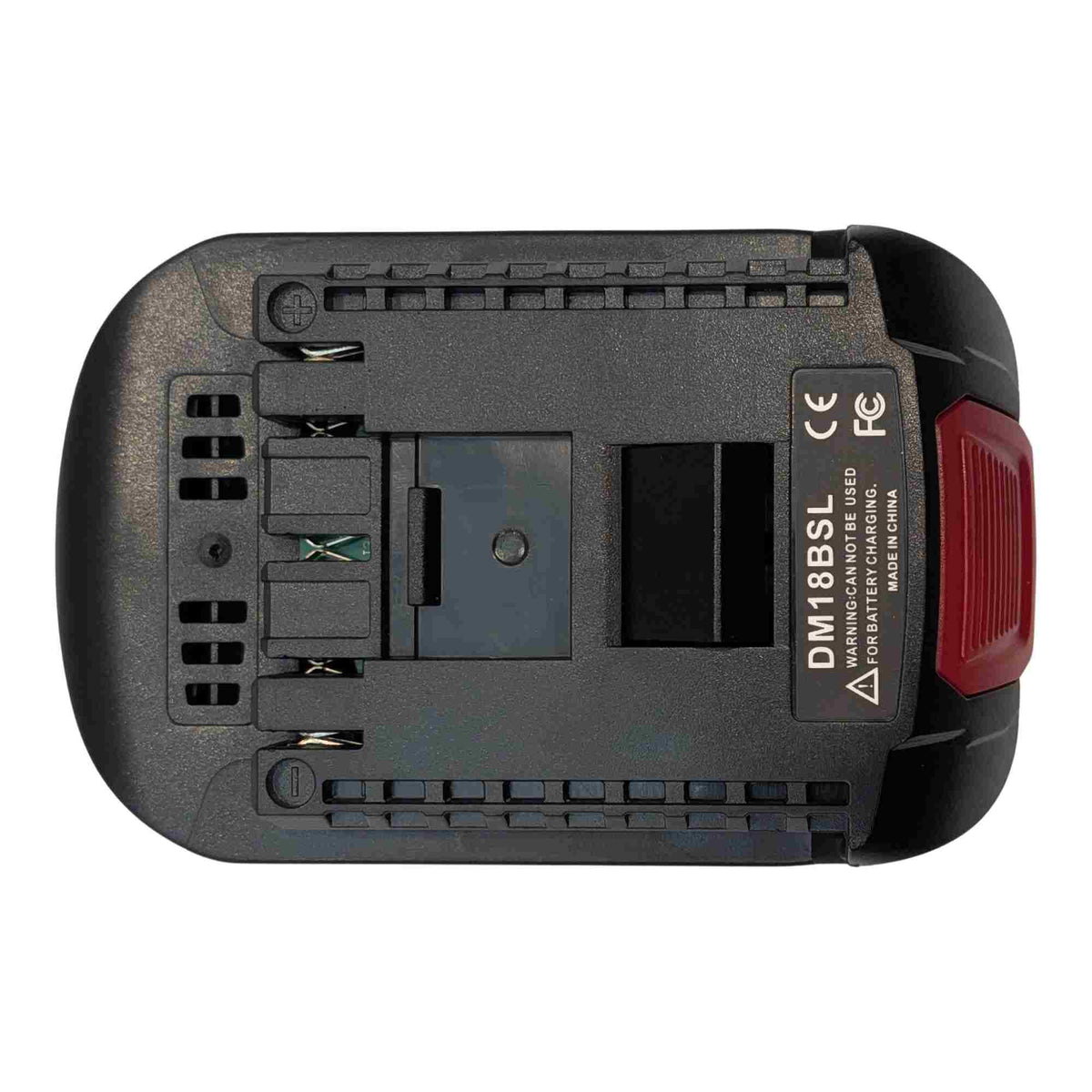 Milwaukee M18 to Bosch 18V GBA (Blue) battery adapter - plan view of the tool-side connection, rails and terminal slots