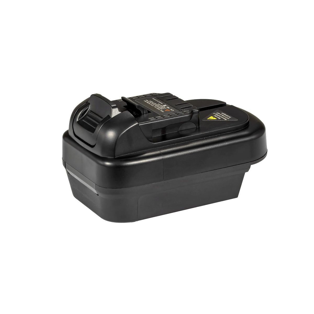 Milwaukee M18 to DeWalt 12V MAX battery adapter - 12V MAX tool-side connection, ribbed release button, printed label