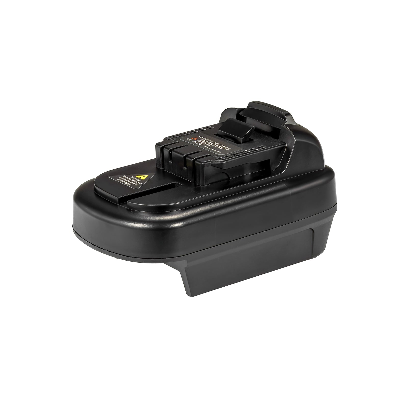 Milwaukee M18 to DeWalt 12V MAX battery adapter - 12V MAX tool-side connection, latch tab, terminal slots and printed label