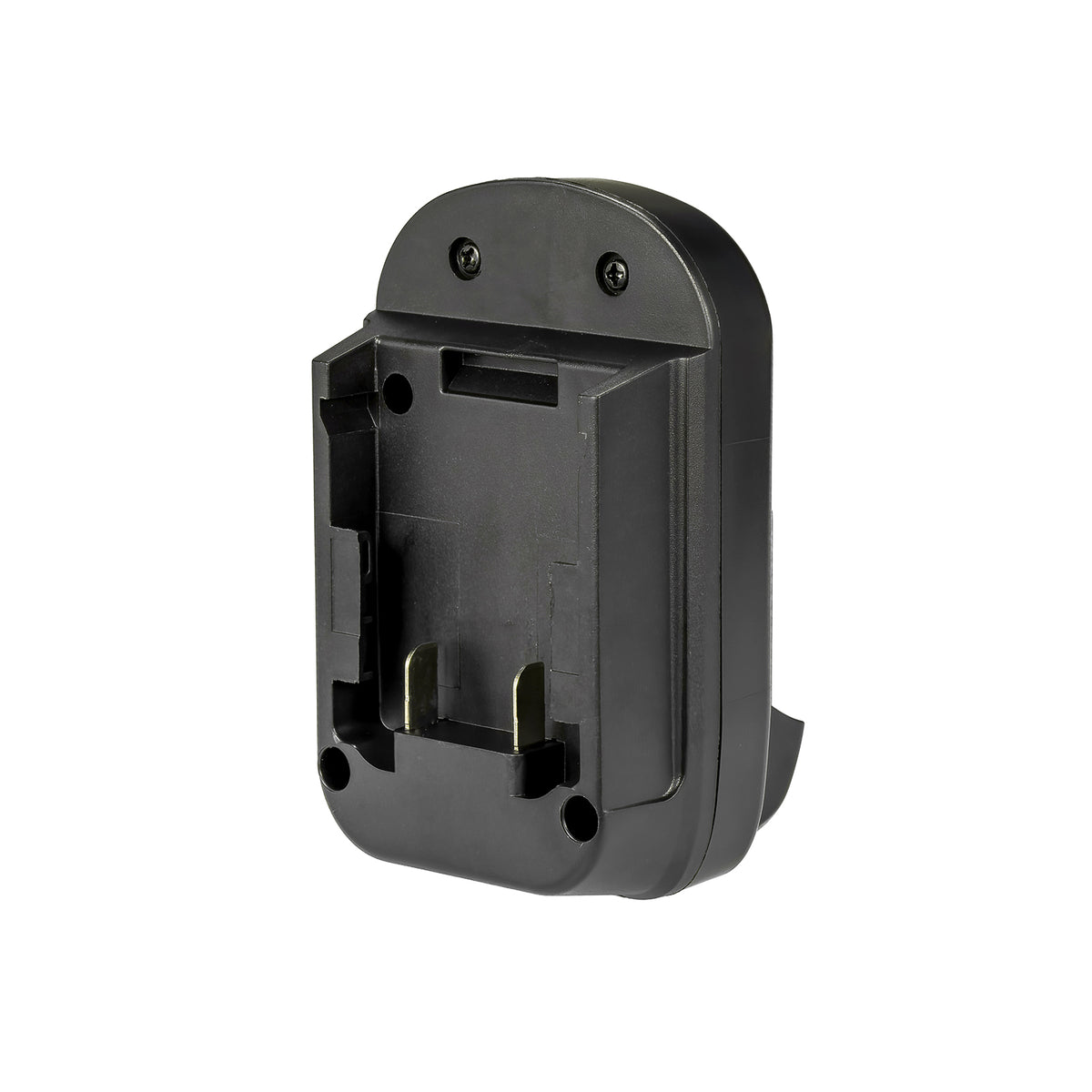 Milwaukee M18 to DeWalt 12V MAX battery adapter - battery-side connection, two upright terminal blades and latch slot