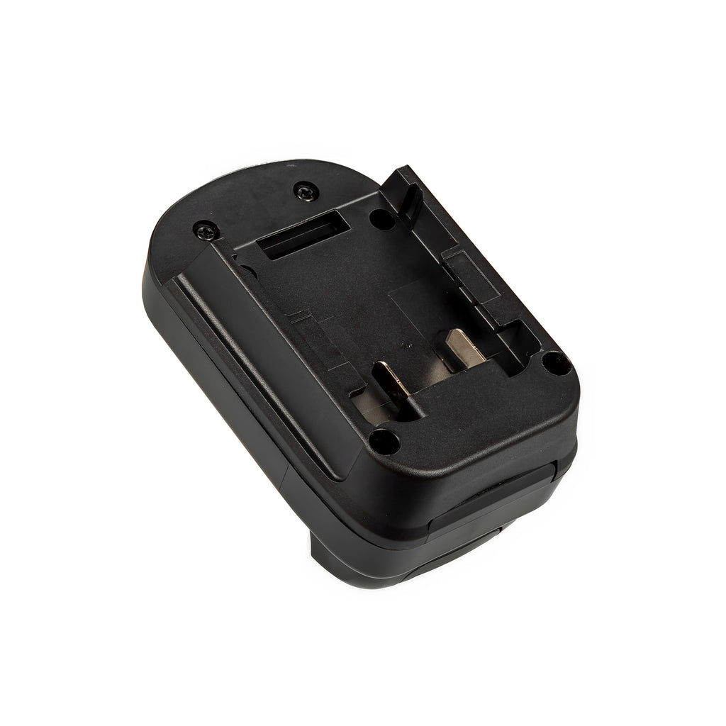 Milwaukee M18 to DeWalt 12V MAX battery adapter - battery-side connection, guide rails, terminal blades and latch slot