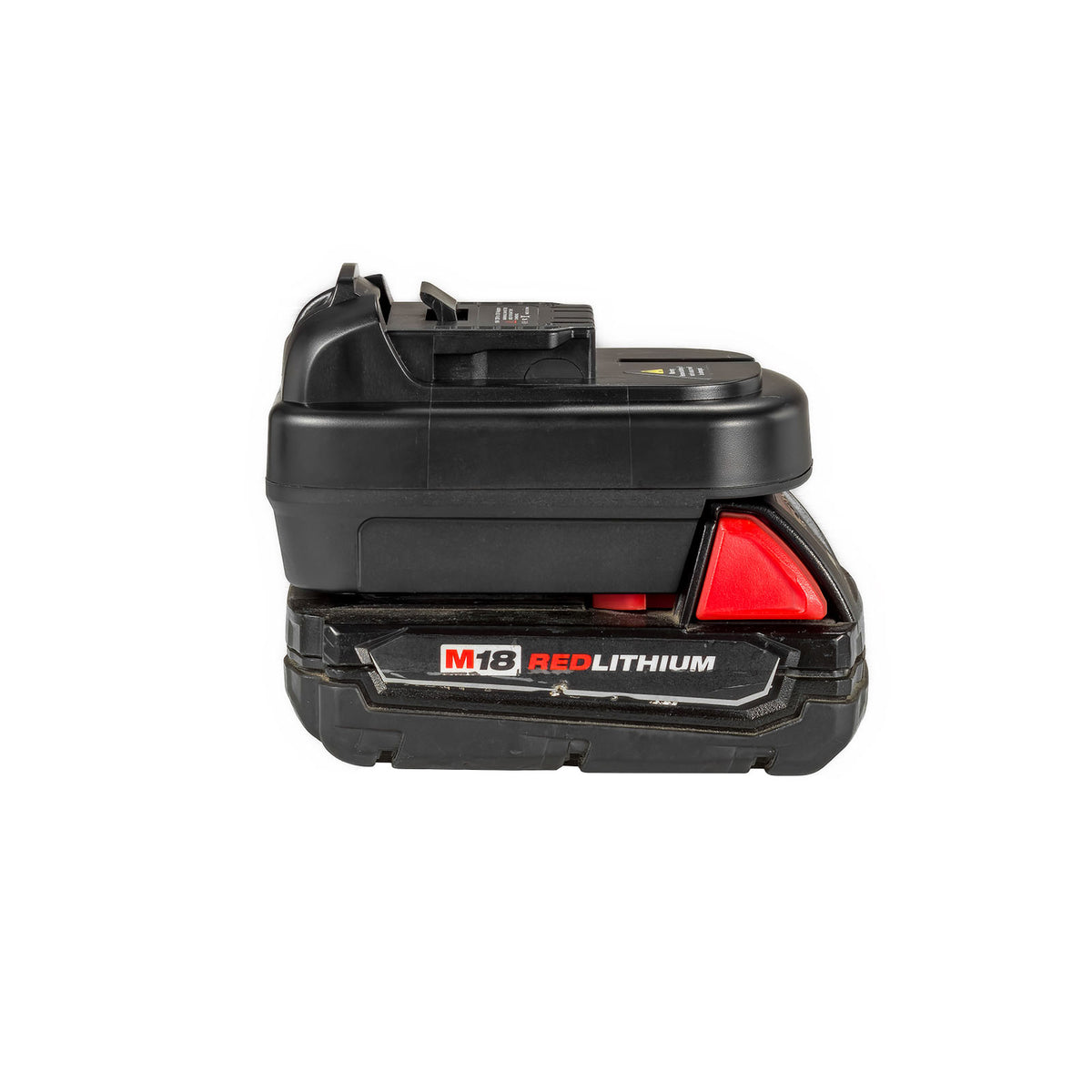 Milwaukee M18 to DeWalt 12V MAX battery adapter - fitted to the Milwaukee M18 battery, tool-side connection upward