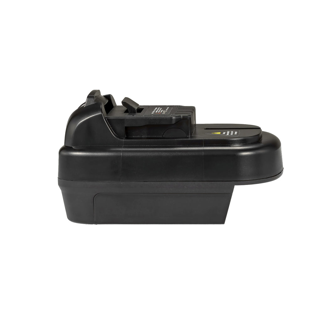 Milwaukee M18 to DeWalt 12V MAX battery adapter - side view showing both connections, tool-side connector uppermost