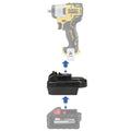 Milwaukee M18 to DeWalt 12V MAX battery adapter - compatibility diagram showing battery, adapter and cordless impact wrench