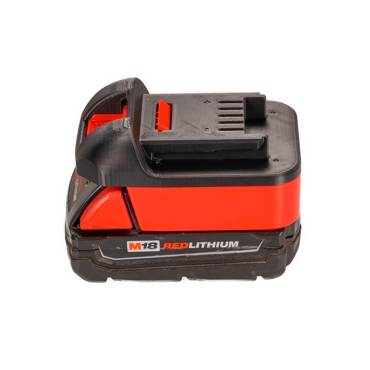 Milwaukee M18 to Masterforce 20V battery adapter - fitted to the Milwaukee M18 battery, Masterforce tool-side face upward