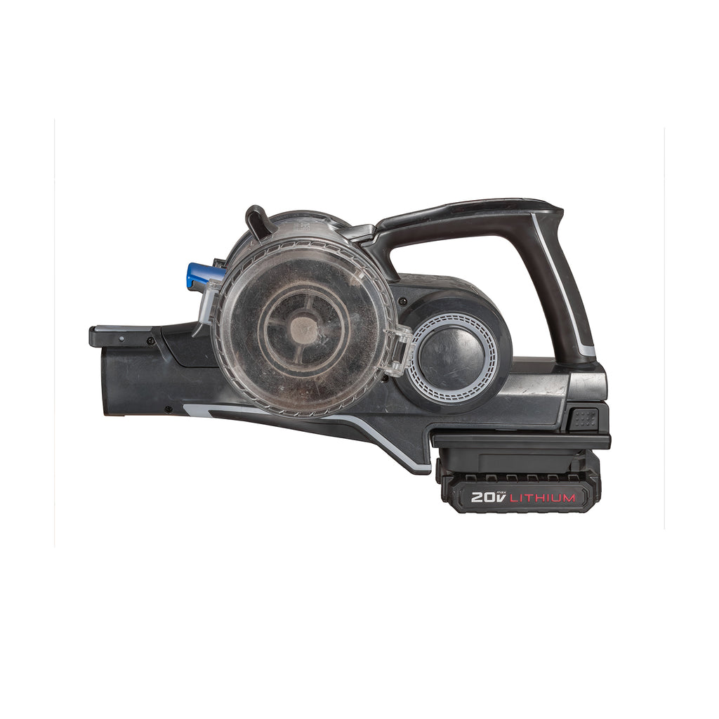 Porter Cable 20V to Hoover 20V ONEPWR battery adapter - installed on a stick vacuum, battery fitted, side view