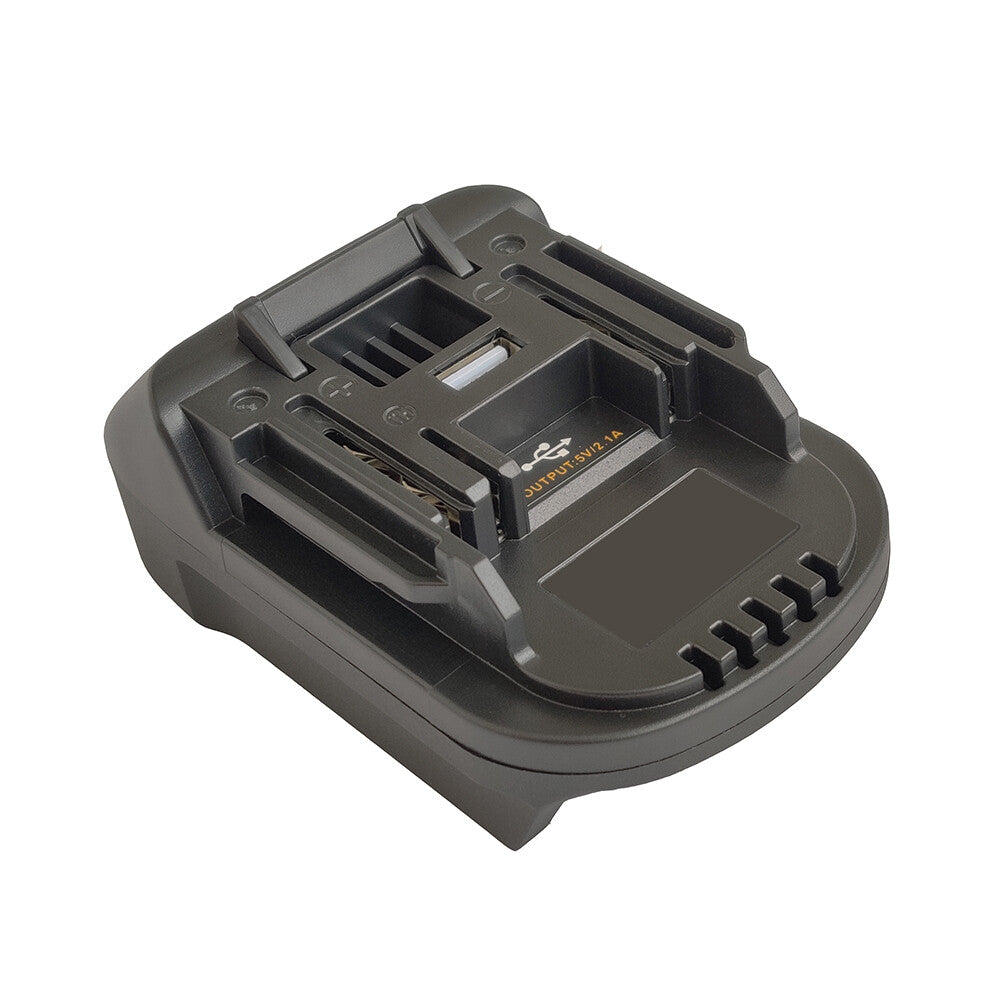 Porter Cable 20V to Makita 18V LXT battery adapter - Makita-side connection with USB port and + and - marks