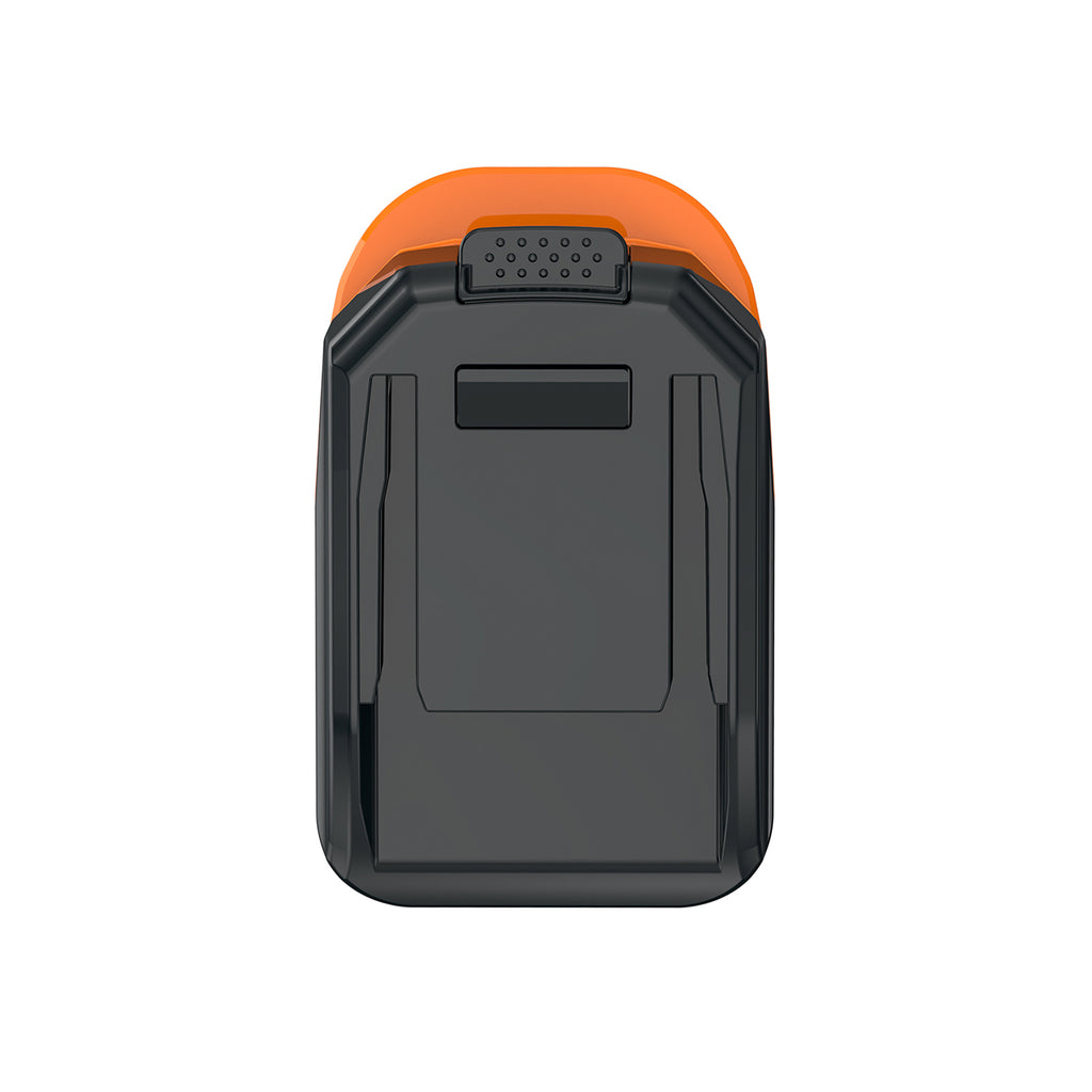 RIDGID 18V to WORX 20V PowerShare (Orange) battery adapter - WORX tool-side connection, front view with the ribbed catch