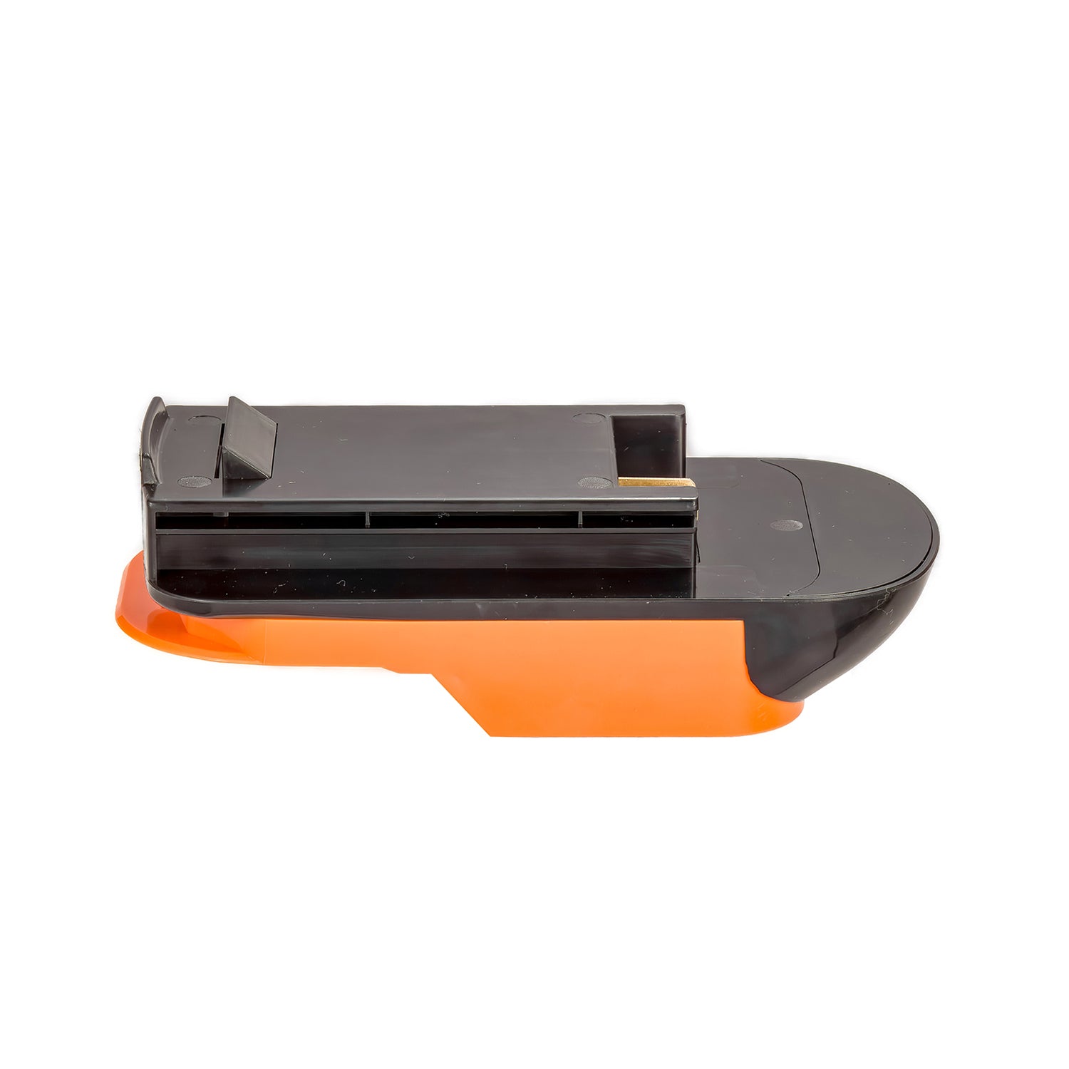 RIDGID 18V to Black and Decker 18V Ni-Cd battery adapter - side view, black tool side above the orange battery-side body