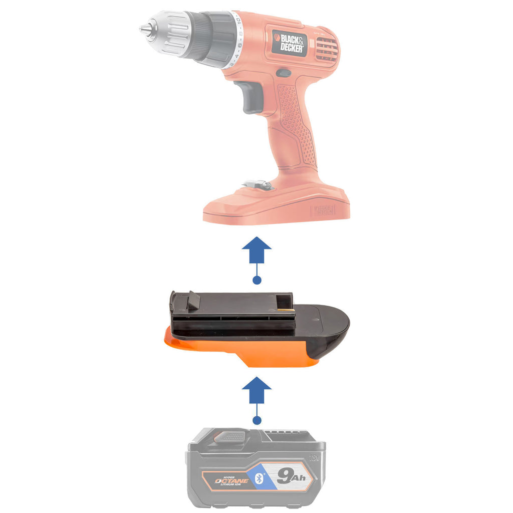 RIDGID 18V to Black and Decker 18V Ni-Cd battery adapter - compatibility diagram showing battery, adapter and cordless drill