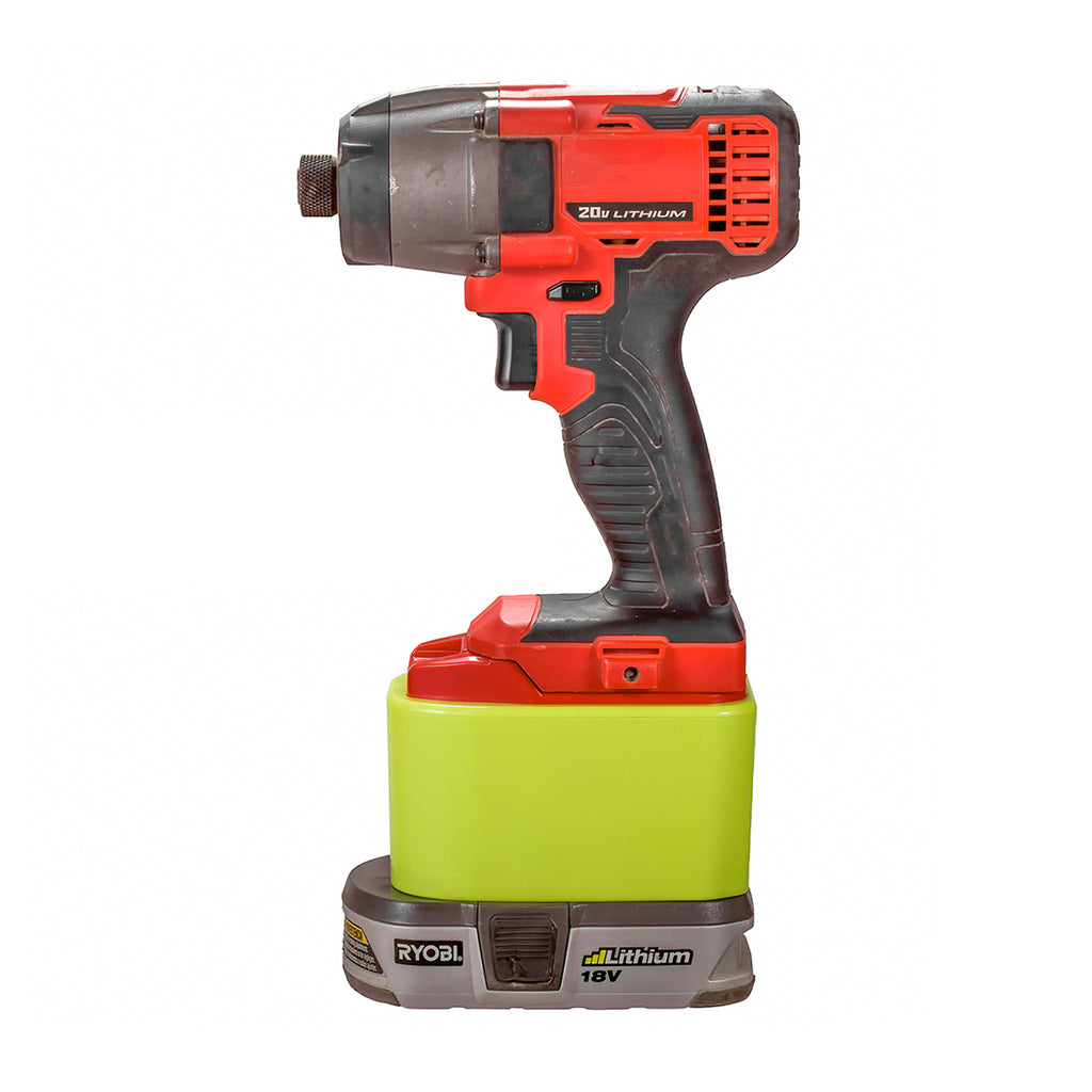 Ryobi 18V ONE+ to Bauer 20V battery adapter - impact driver installed on the adapter, fitted to the battery pack