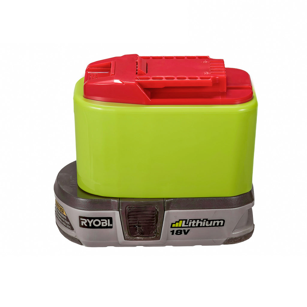 Ryobi 18V ONE+ to Bauer 20V battery adapter - fitted to the Ryobi 18V ONE+ battery, red tool-side connection upward
