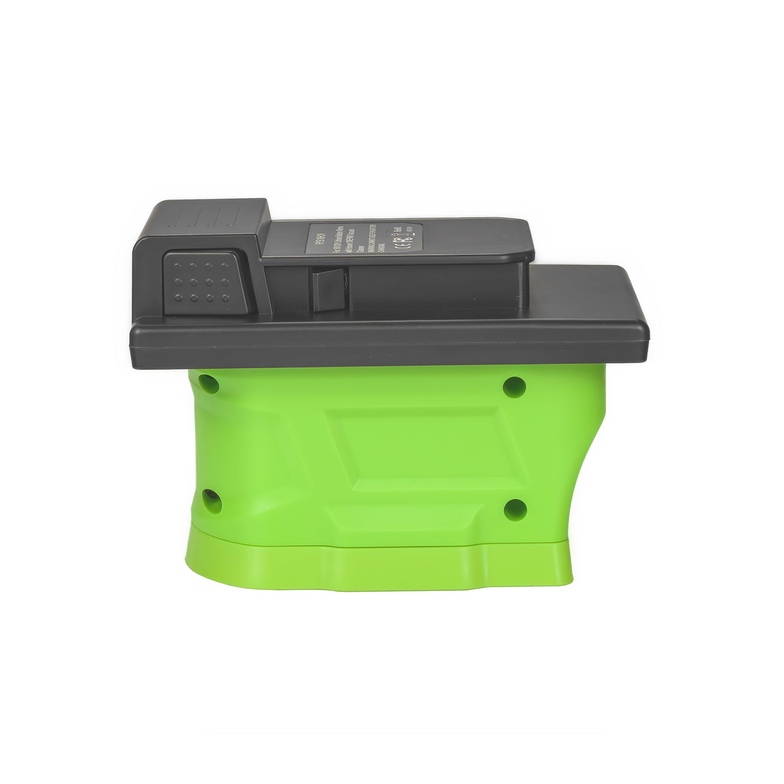 Ryobi 18V ONE+ to Hoover 20V ONEPWR battery adapter - side view showing both connections, black plate over the green body
