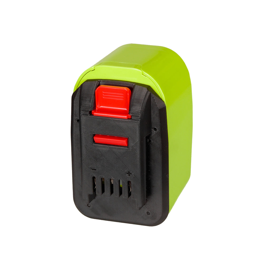 Ryobi 18V ONE+ to Mastercraft 20V (PWRPOD / Blue) battery adapter - tool-side terminal slots with + and - marks