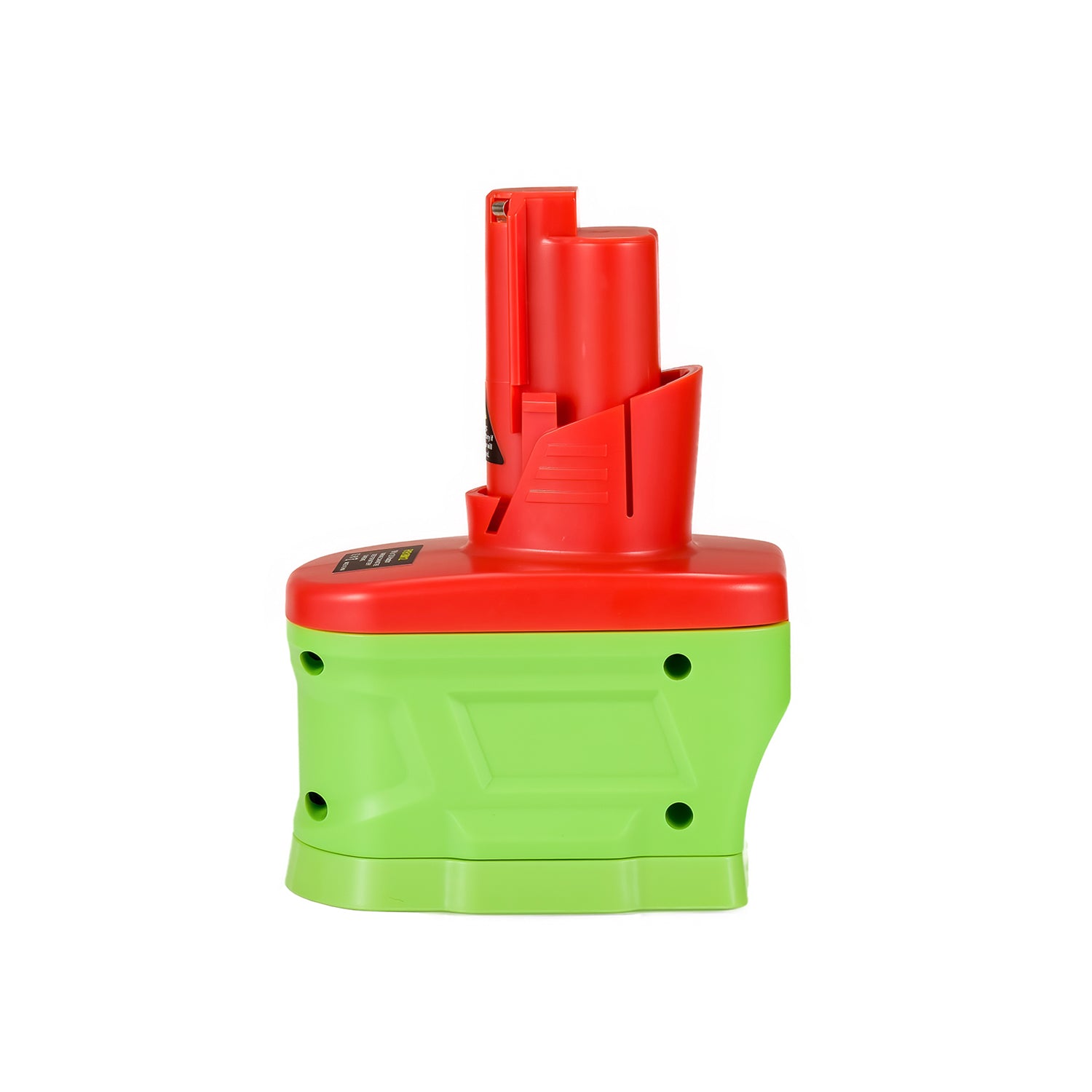 Ryobi 18V ONE+ to Milwaukee M12 battery adapter - side view with the Milwaukee tool-side stem upright above the body