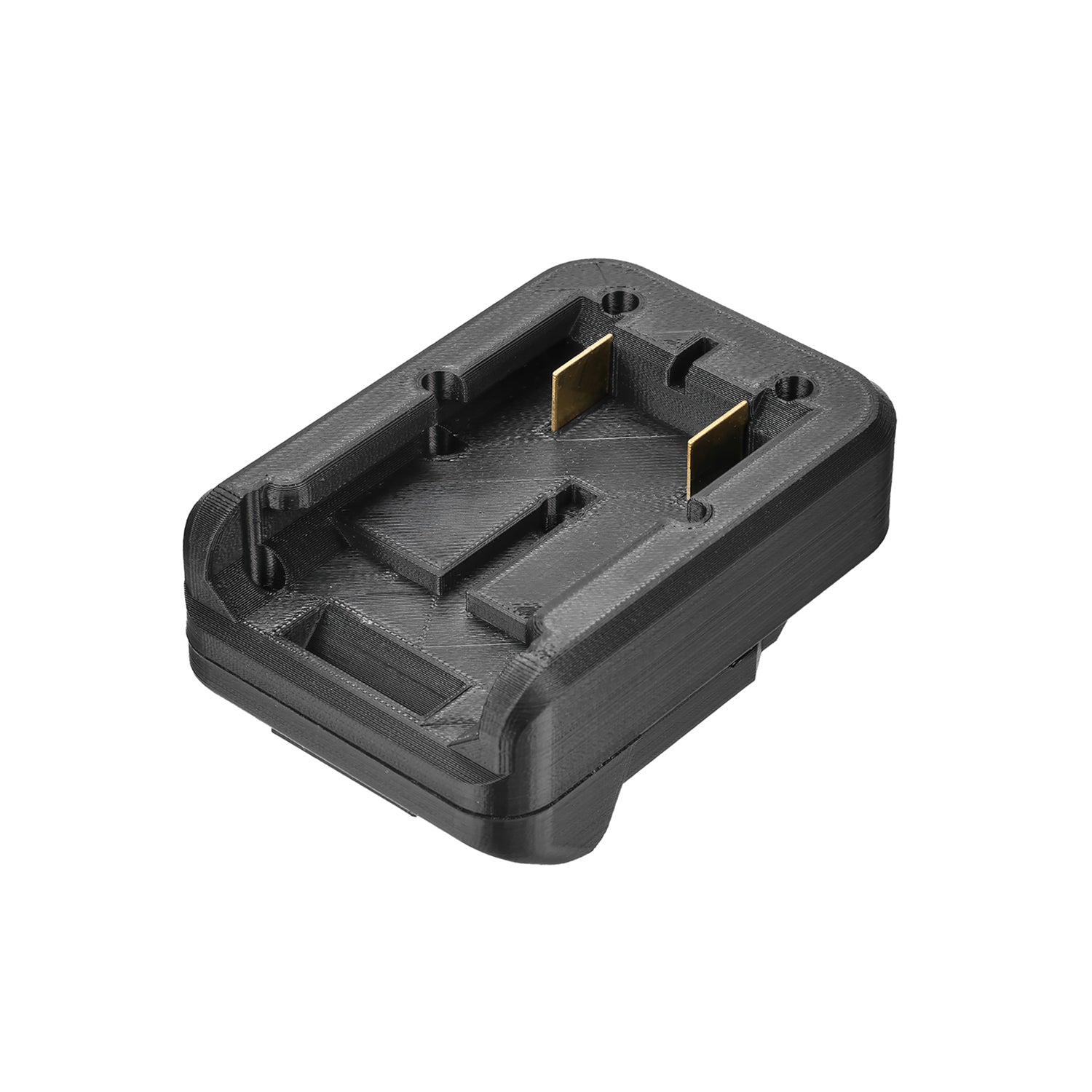 Stanley V20 to RIDGID Plumbing battery adapter - battery-side connection with twin copper blade terminals and screw bosses