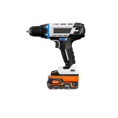 AEG 18V to Hart 20V battery adapter - installed on a drill and seated on a battery pack with the release catch in view
