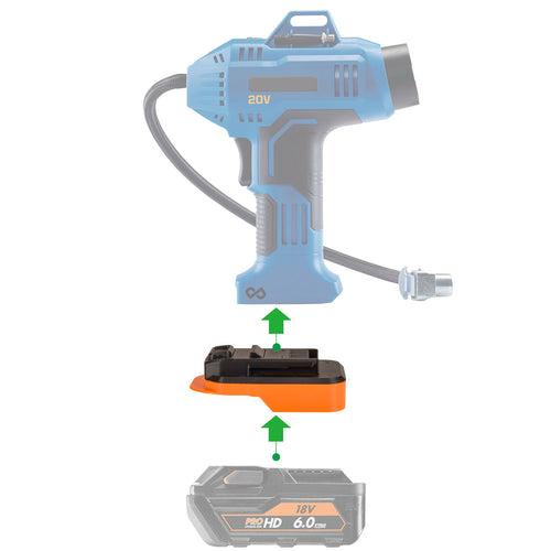 AEG 18V to Mastercraft 20V (PWRPOD / Blue) battery adapter - compatibility diagram with cordless inflator