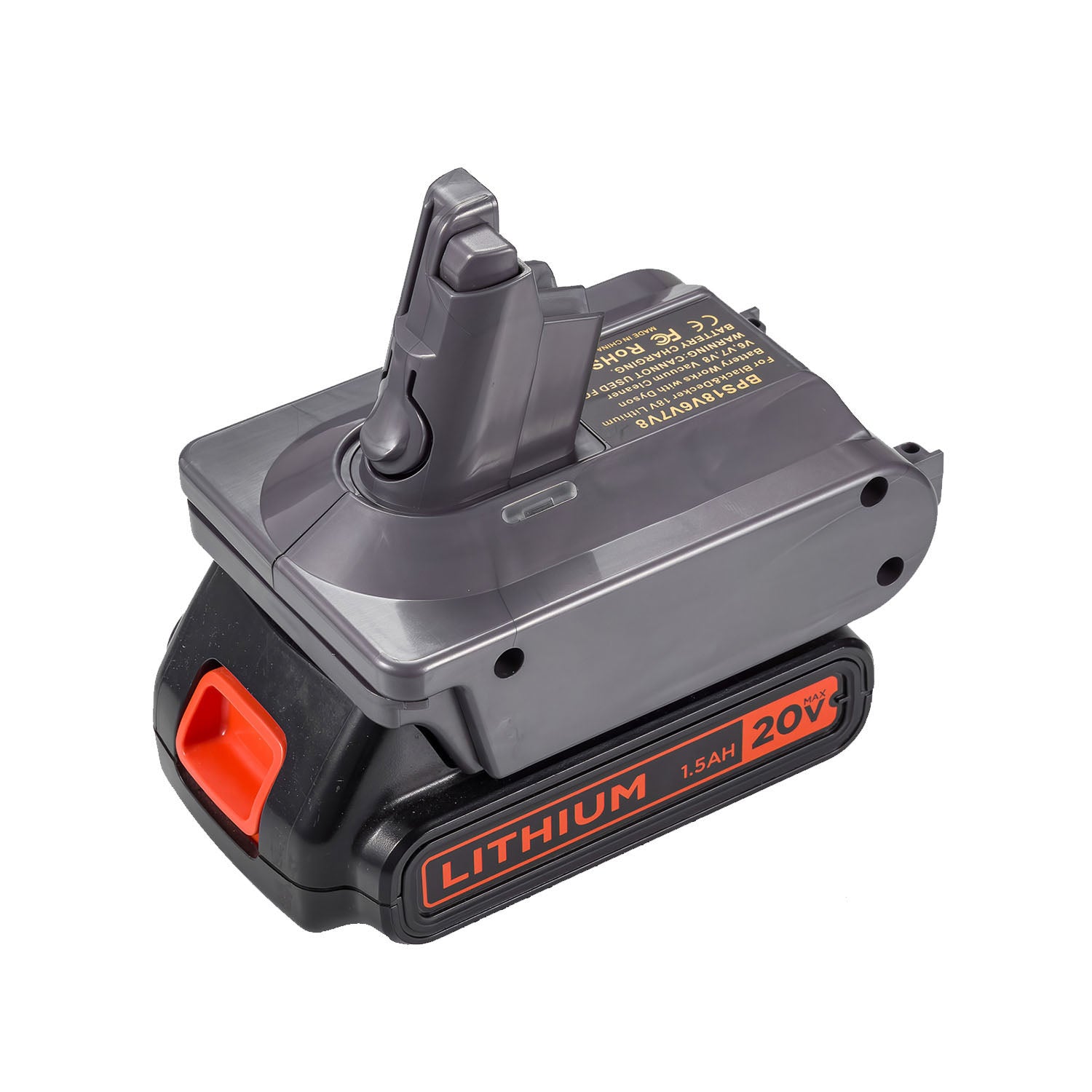 Black and Decker 20V to Dyson V6 battery adapter - fitted to the Black and Decker 20V battery, Dyson V6 tool-side post upward