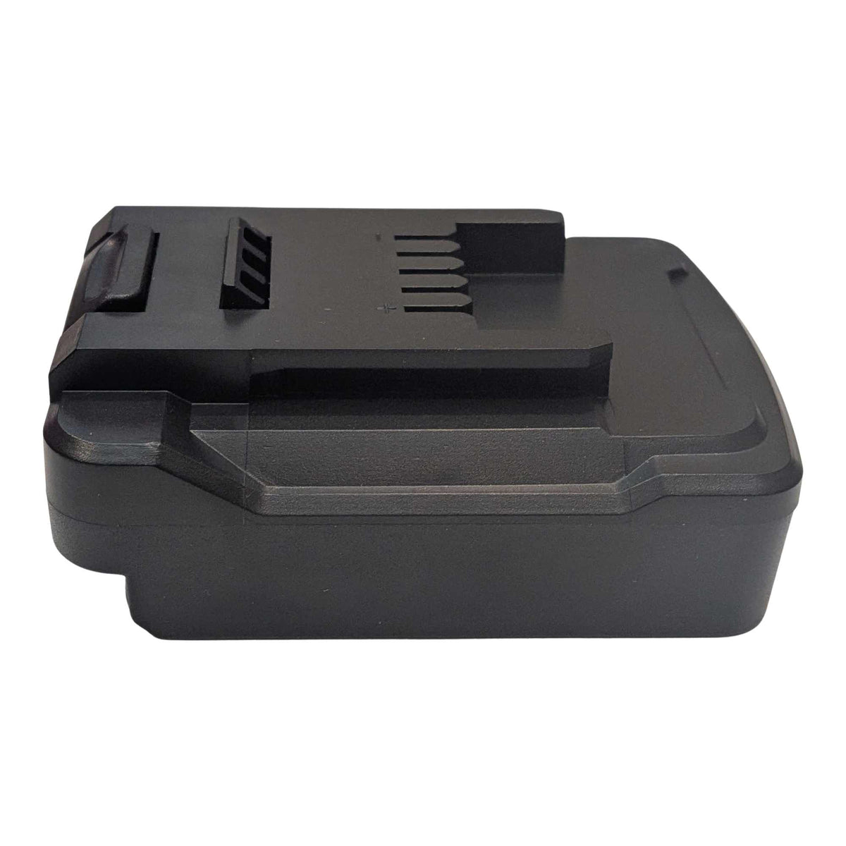 Bosch 18V GBA (Blue) to Ozito 18V PXC battery adapter - side view showing the tool-side plateau, latch button at the left
