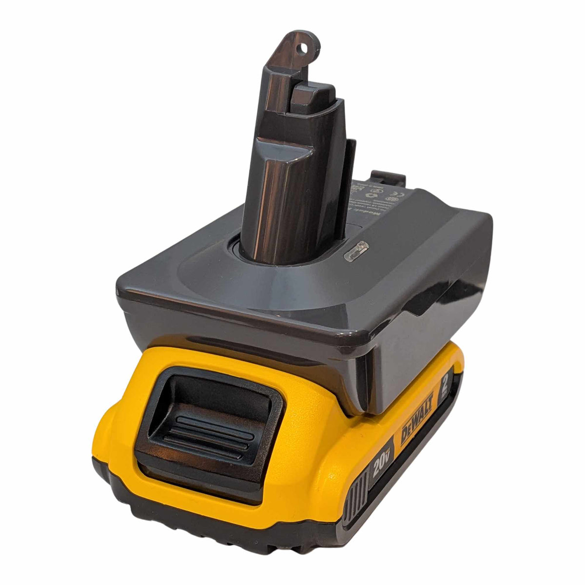DeWalt 20V MAX to Dyson V6 battery adapter: Battery on Adapter, Left