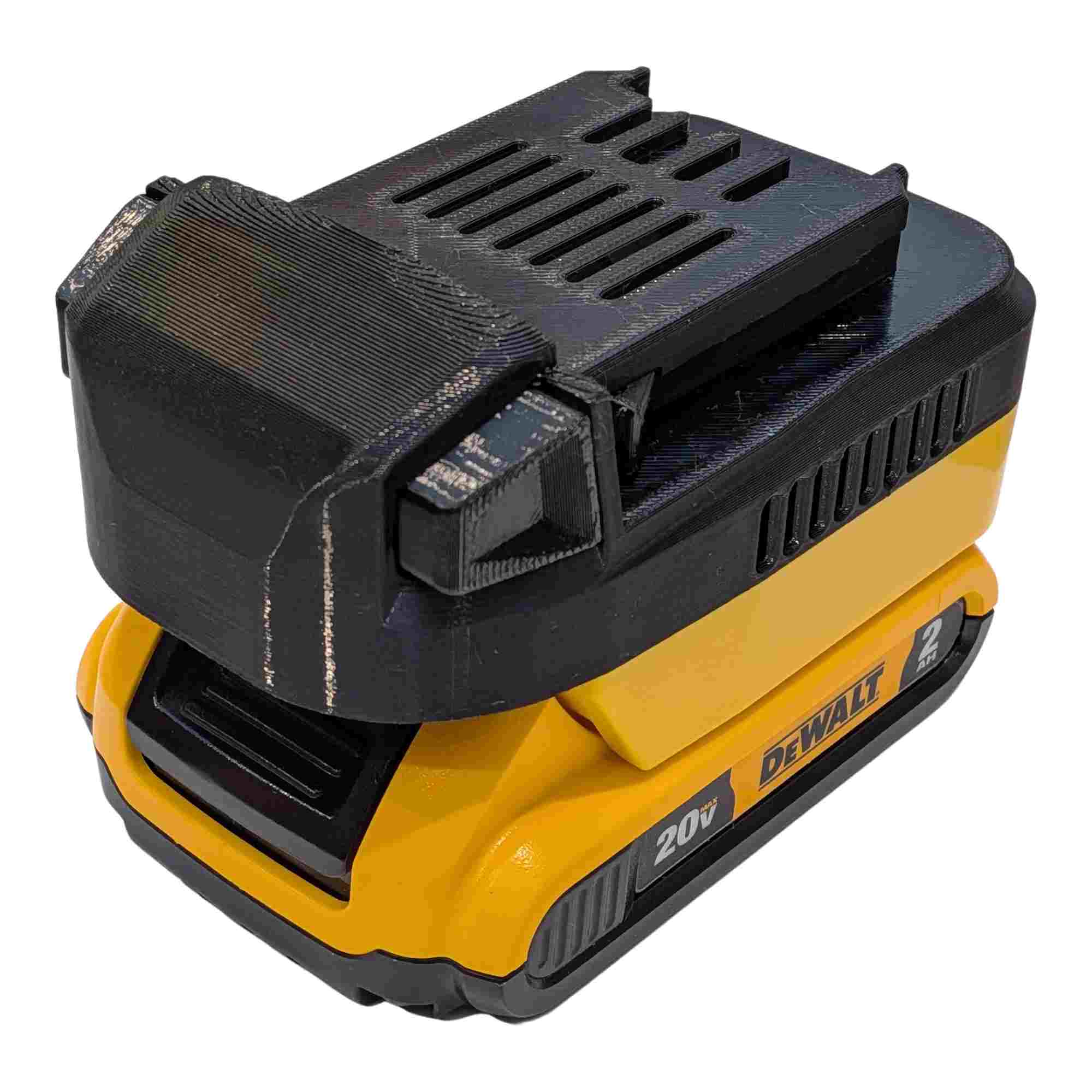 DeWalt 20V MAX to Kobalt 24V battery adapter - fitted to the DeWalt 20V MAX battery, rear view, Kobalt tool side upward