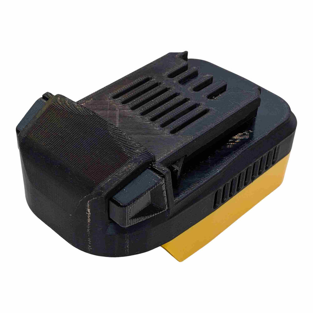 DeWalt 20V MAX to Kobalt 24V battery adapter - angled side view, Kobalt tool-side connection and side vents