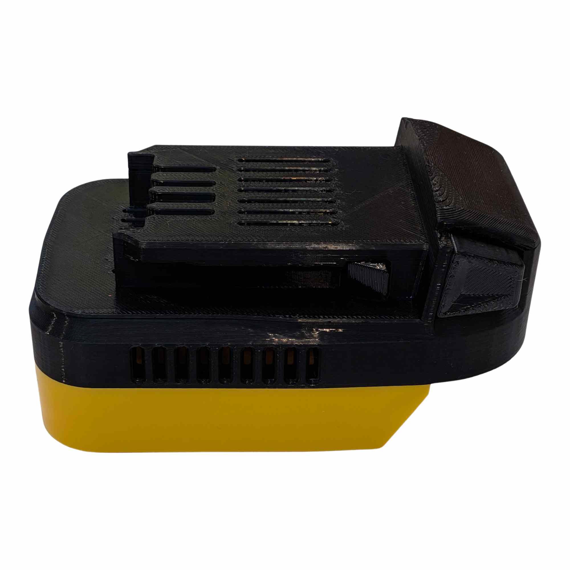 DeWalt 20V MAX to Kobalt 24V battery adapter - side profile, Kobalt tool-side connection over the yellow body