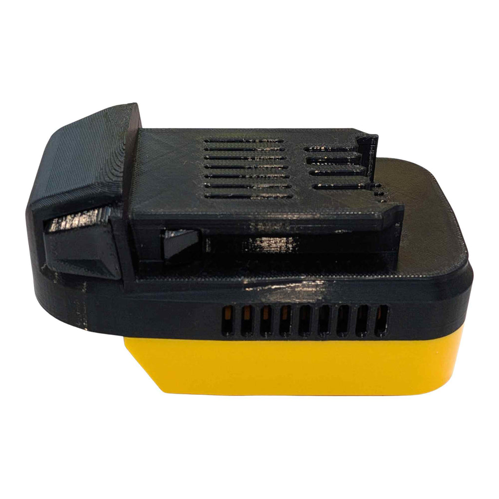 DeWalt 20V MAX to Kobalt 24V battery adapter - angled front view, Kobalt tool-side connection over the yellow body