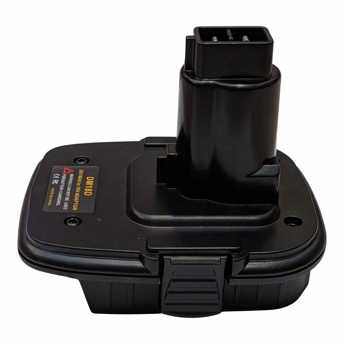 DeWalt 20V MAX to DeWalt 18V Ni-Cd battery adapter - front angle, tool-side post above the body, warning label alongside