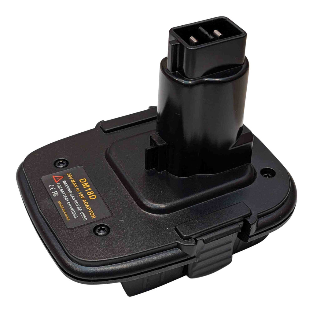 DeWalt 20V MAX to DeWalt 18V Ni-Cd battery adapter - top angle, tool-side post and terminal head above the body