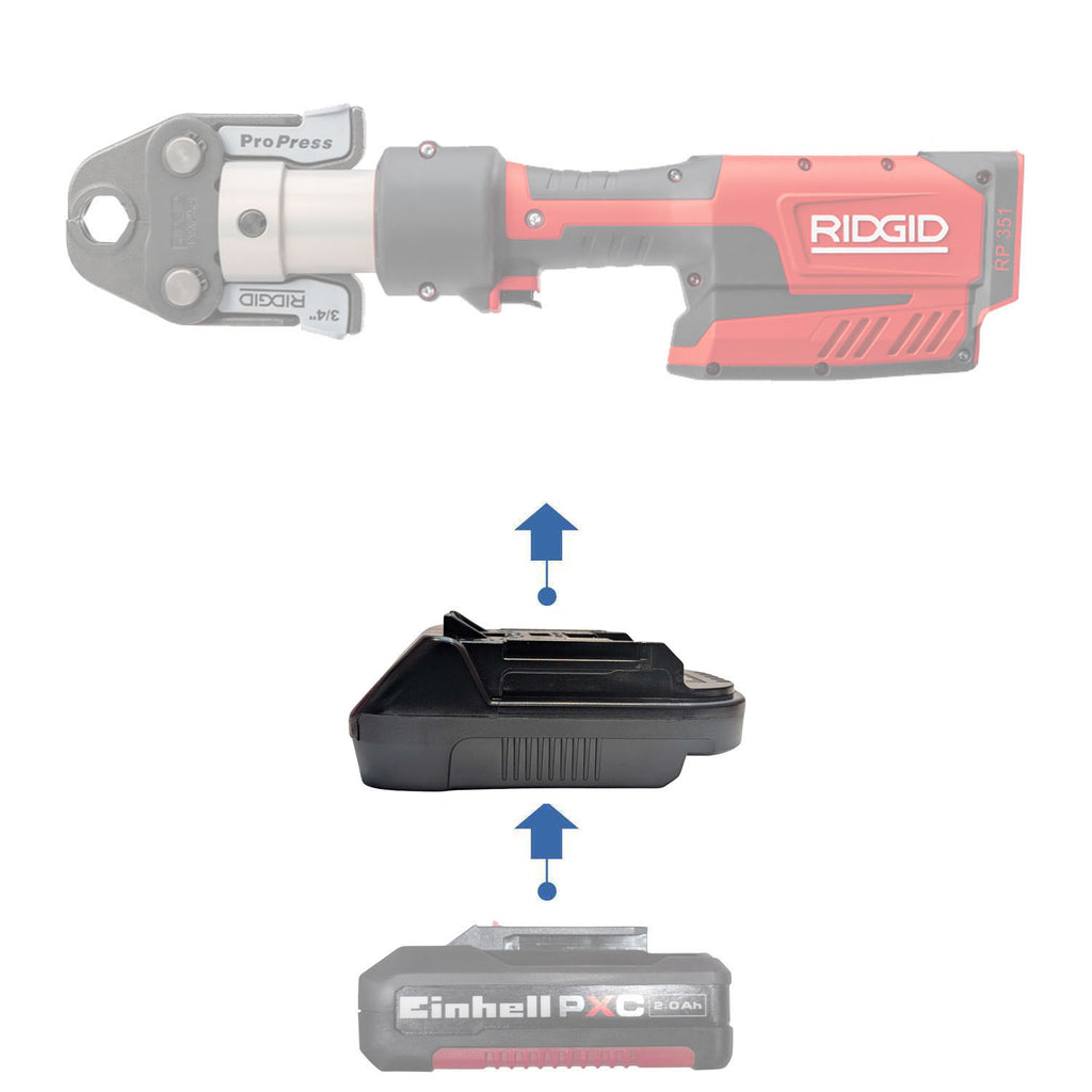 Einhell 18V PXC to RIDGID Plumbing battery adapter - compatibility diagram showing battery, adapter and press tool