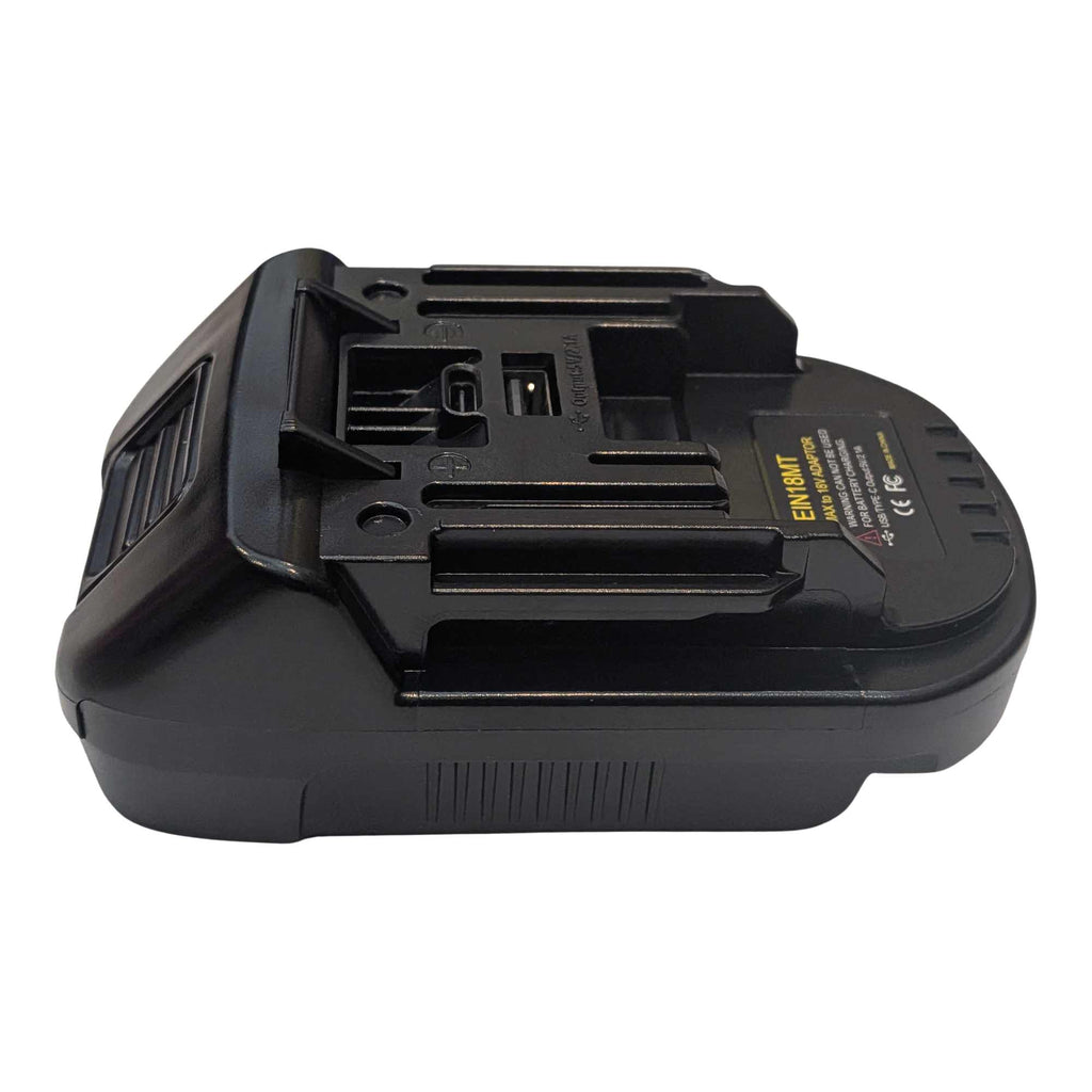 Einhell 18V PXC to RIDGID Plumbing battery adapter - angled side view of the tool-side connection and the printed label