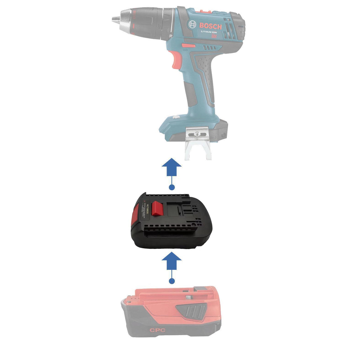 Hilti 22V to Bosch 18V GBA (Blue) battery adapter - compatibility diagram showing battery, adapter and drill driver